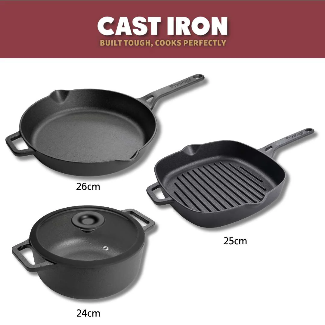 Cast Iron: Casserole & Glass Lid - 5.7L, Frying Pan & Grill Pan Set - 3 Pieces - Image 10