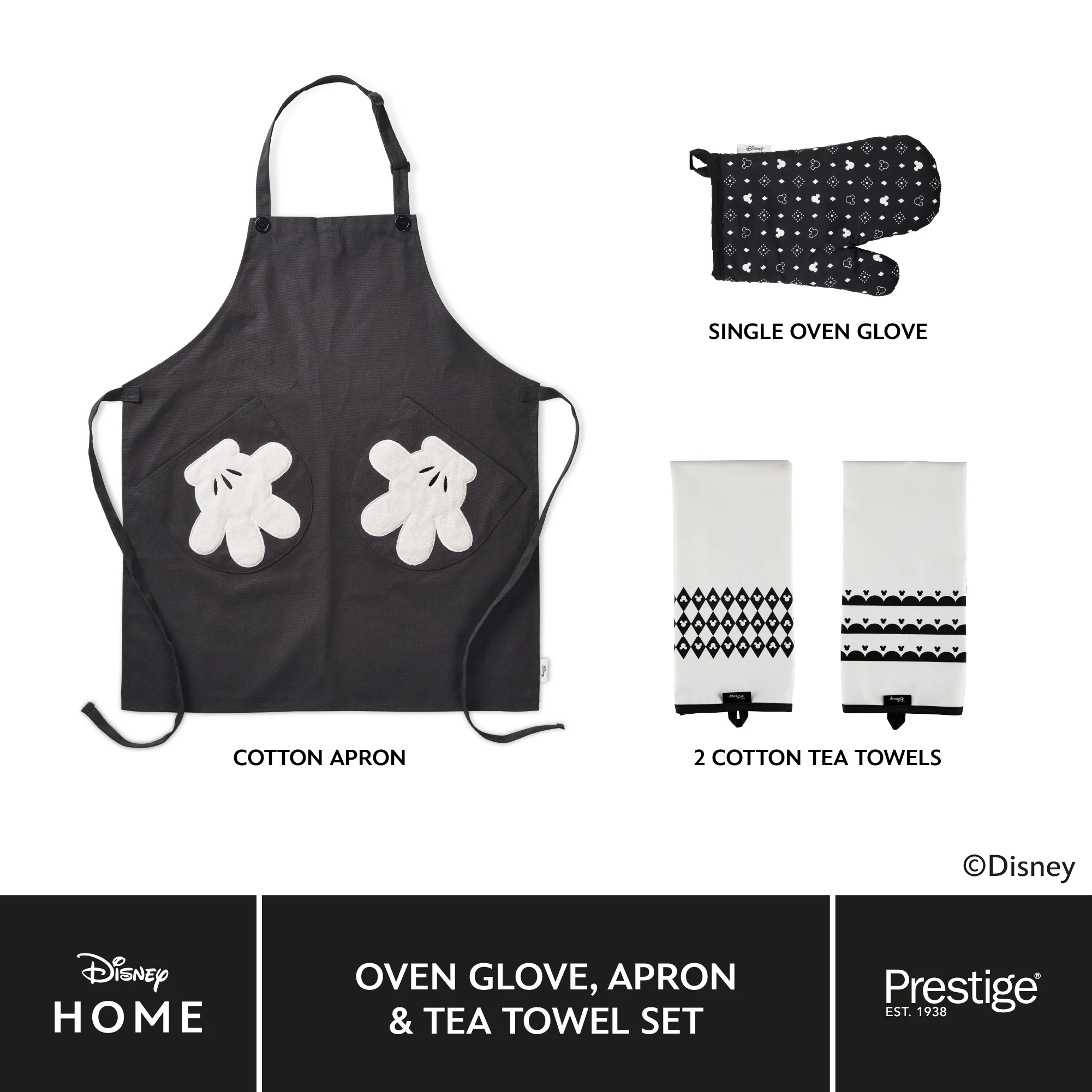 Disney Monochrome Mickey Mouse Accessories Set - Charcoal Oven Glove, Apron & Tea Towel - Image 15