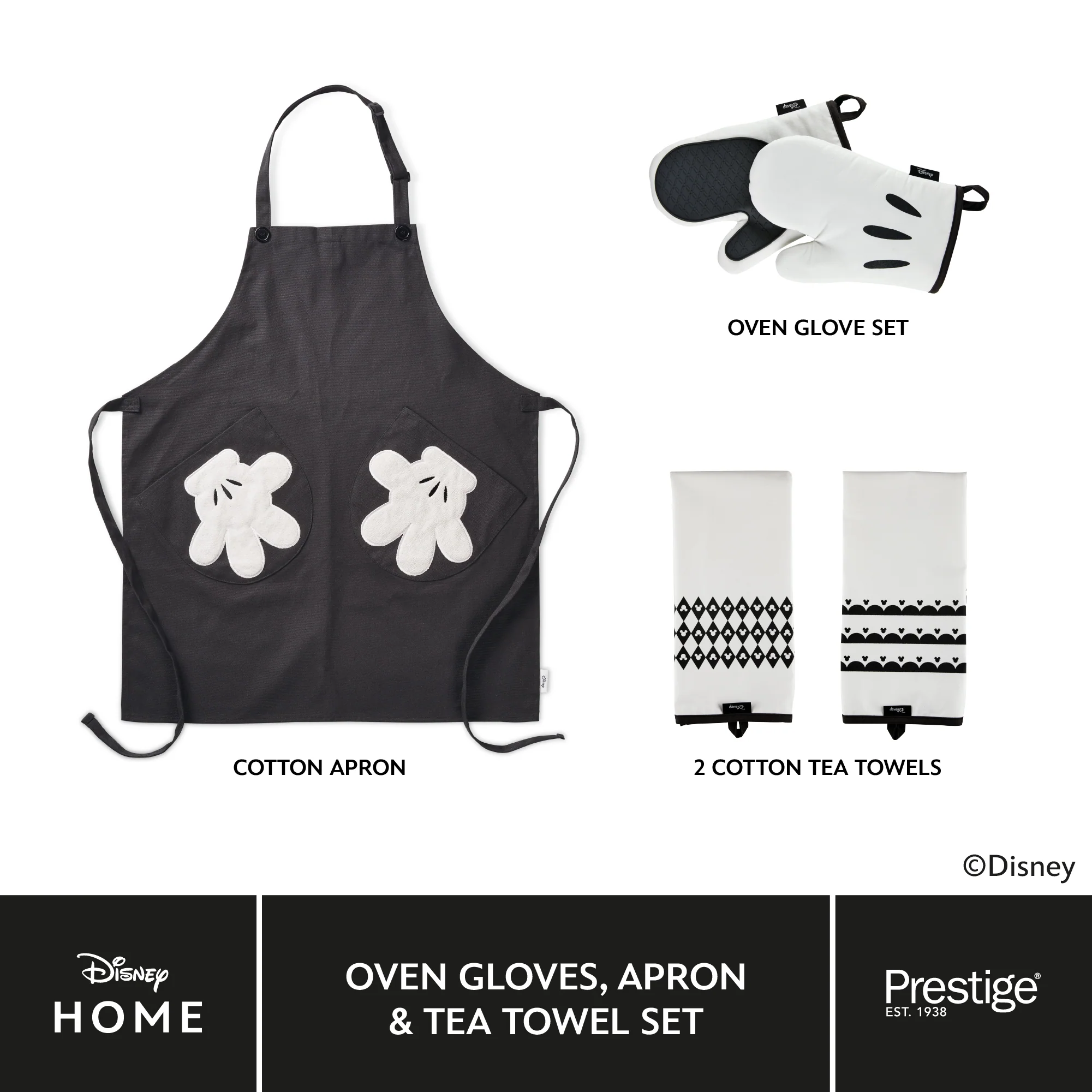 Disney Monochrome Mickey Mouse Accessories Set - White Oven Gloves, Apron & Tea Towel - Image 14
