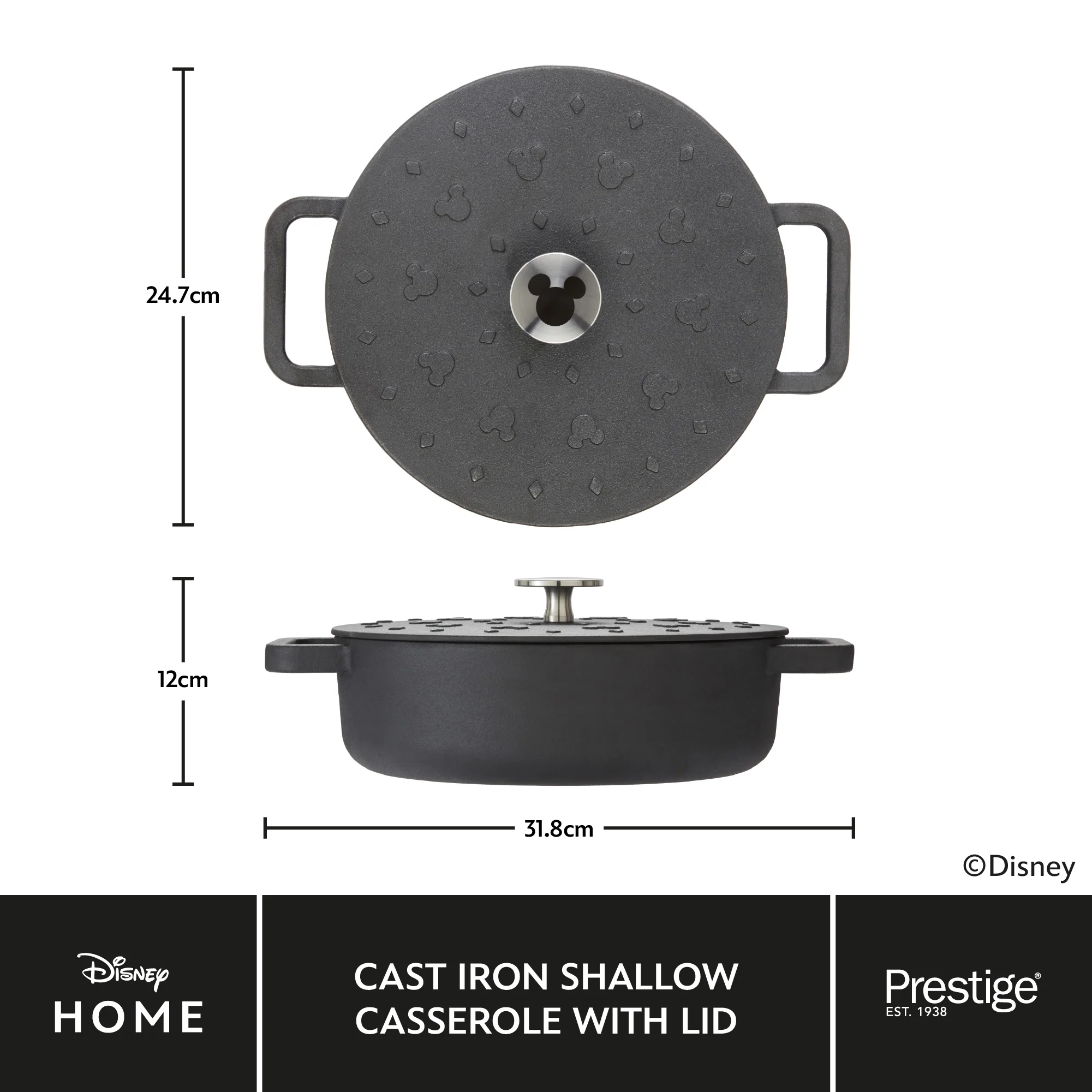 Disney Monochrome Mickey Mouse Cast Iron Shallow Casserole with Lid - 2.8L/24cm - Image 6