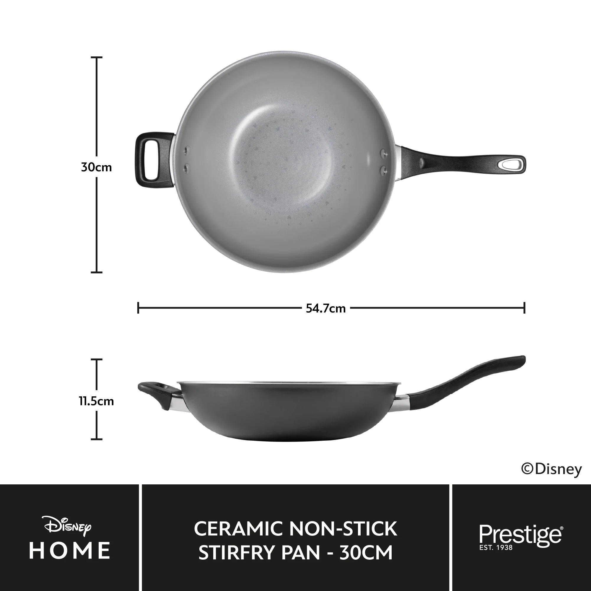 Disney Monochrome Mickey Mouse: Ceramic Non-Stick Wok & Helper Handle - 30cm - Image 6