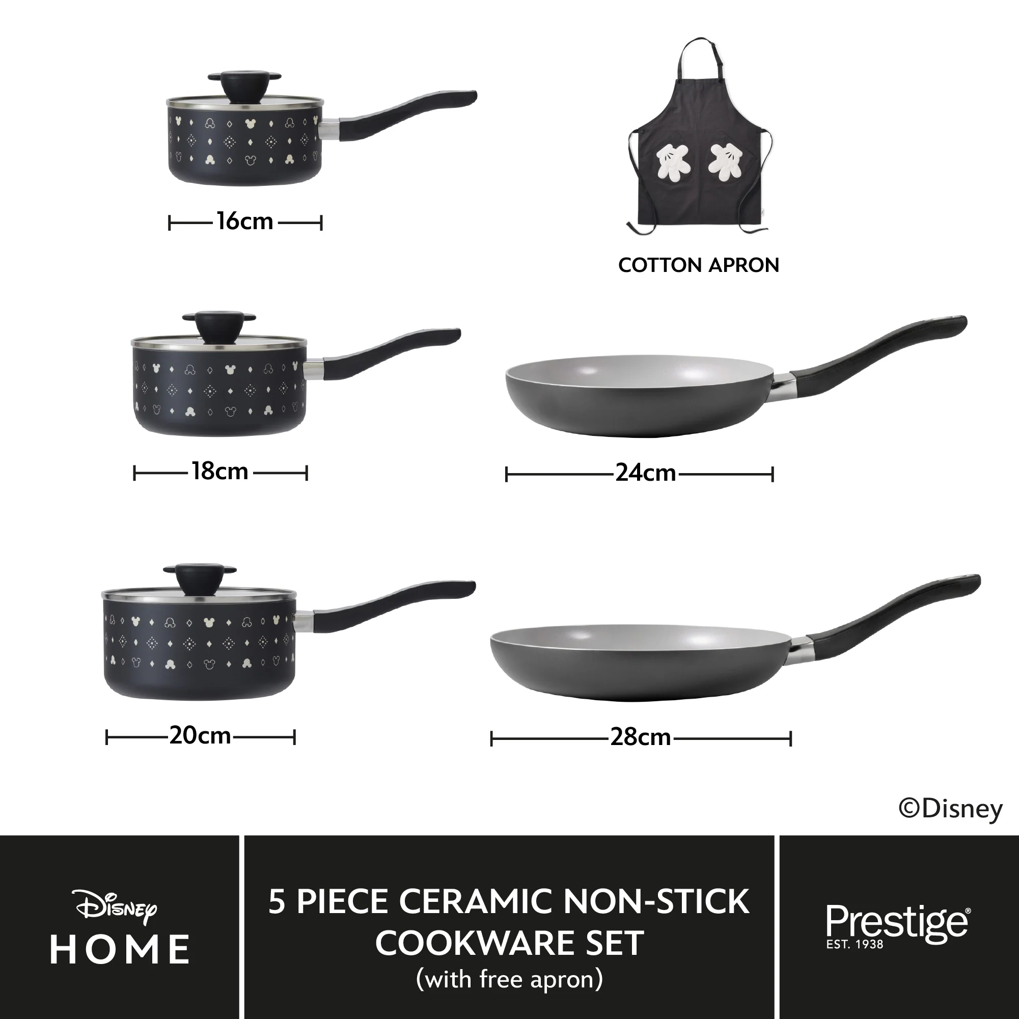 Disney Monochrome: Ceramic Non-Stick Pan Set - 5 Pieces & FREE Apron - Image 6