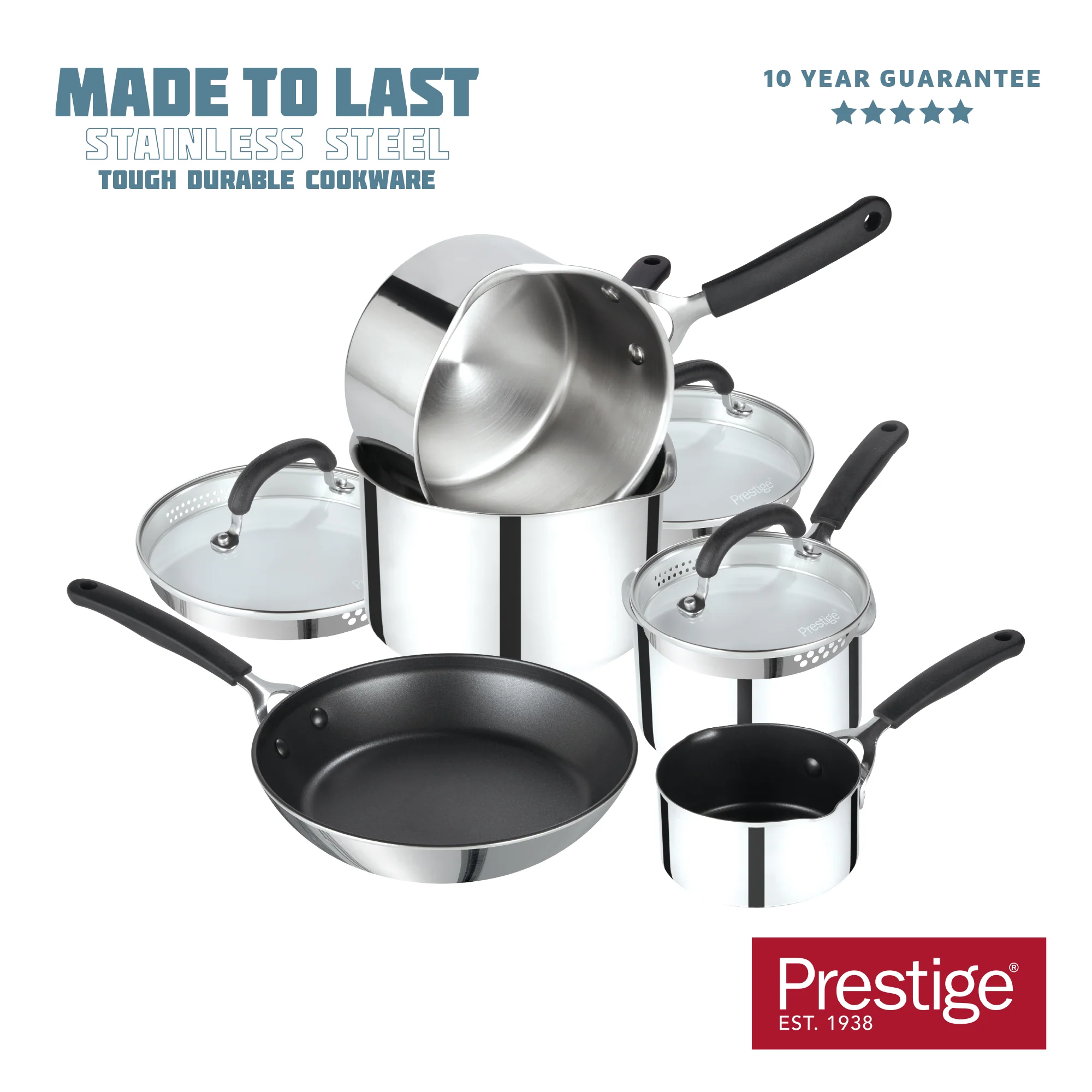 Made to Last: Stainless Steel Frying Pan, Saucepan, Straining Lids & Milk Pan Set - 5 Pieces - Image 10