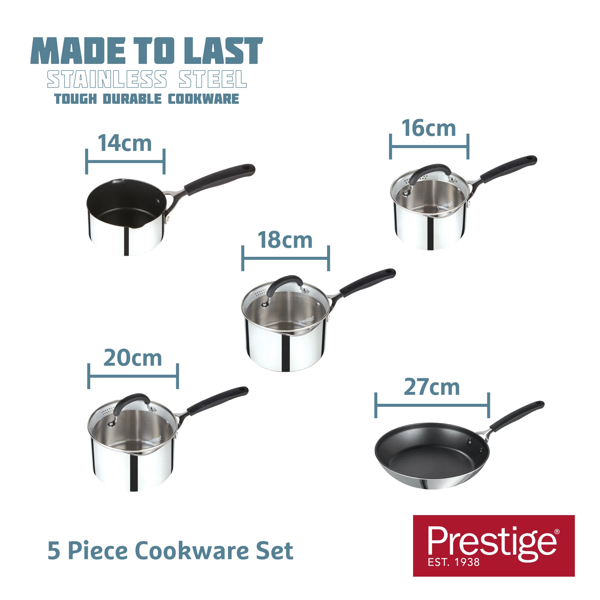 Made to Last: Stainless Steel Frying Pan, Saucepan, Straining Lids & Milk Pan Set - 5 Pieces - Image 7