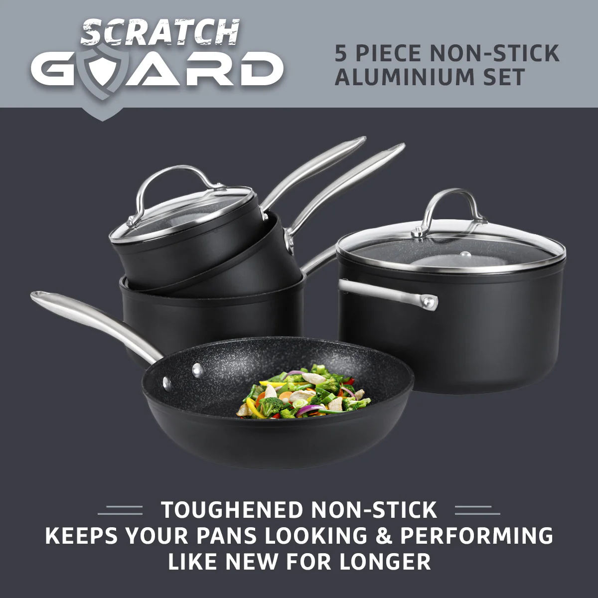Scratch Guard: Non-Stick Saucepan & Lid, Frying Pan & Stockpot Set - 5 Pieces - Image 4